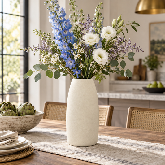 A tall, matte cream ceramic vase filled with a lush floral arrangement of blue delphiniums, white roses, and lavender, displayed on a dining table in a bright, modern kitchen setting.