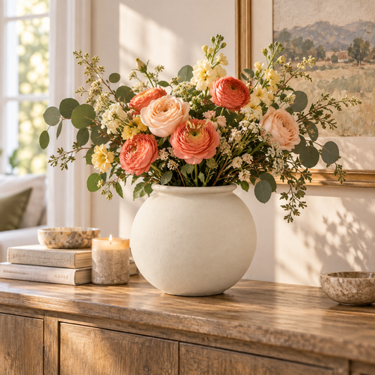 A large round off-white ceramic vase filled with a lush floral arrangement of peach, pink, and cream roses, green eucalyptus, and small white flowers, styled on a rustic wooden console table in a bright, sunlit room.
