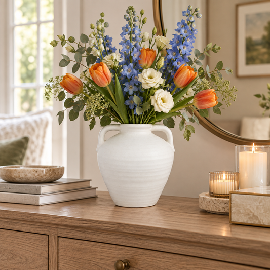 A white ceramic vase filled with a spring flower arrangement of orange tulips, blue delphiniums, and white roses, styled on a wooden console table in a warm, softly lit room.