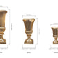 Three metallic gold urn-shaped planters shown side by side with dimension labels and product codes on a white background.