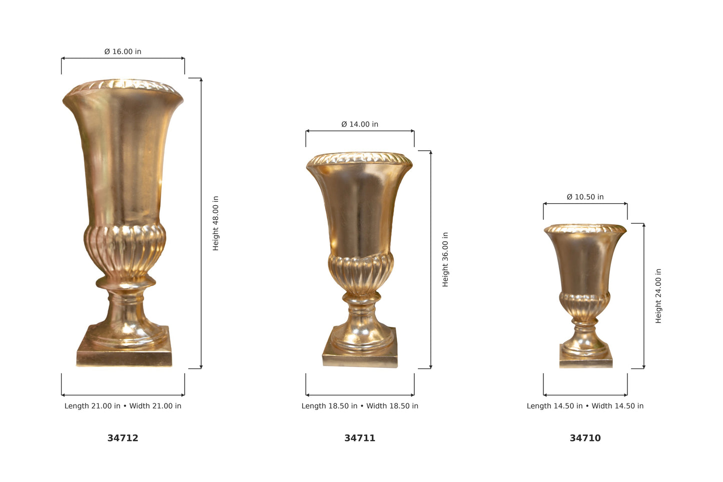Three metallic gold urn-shaped planters shown side by side with dimension labels and product codes on a white background.