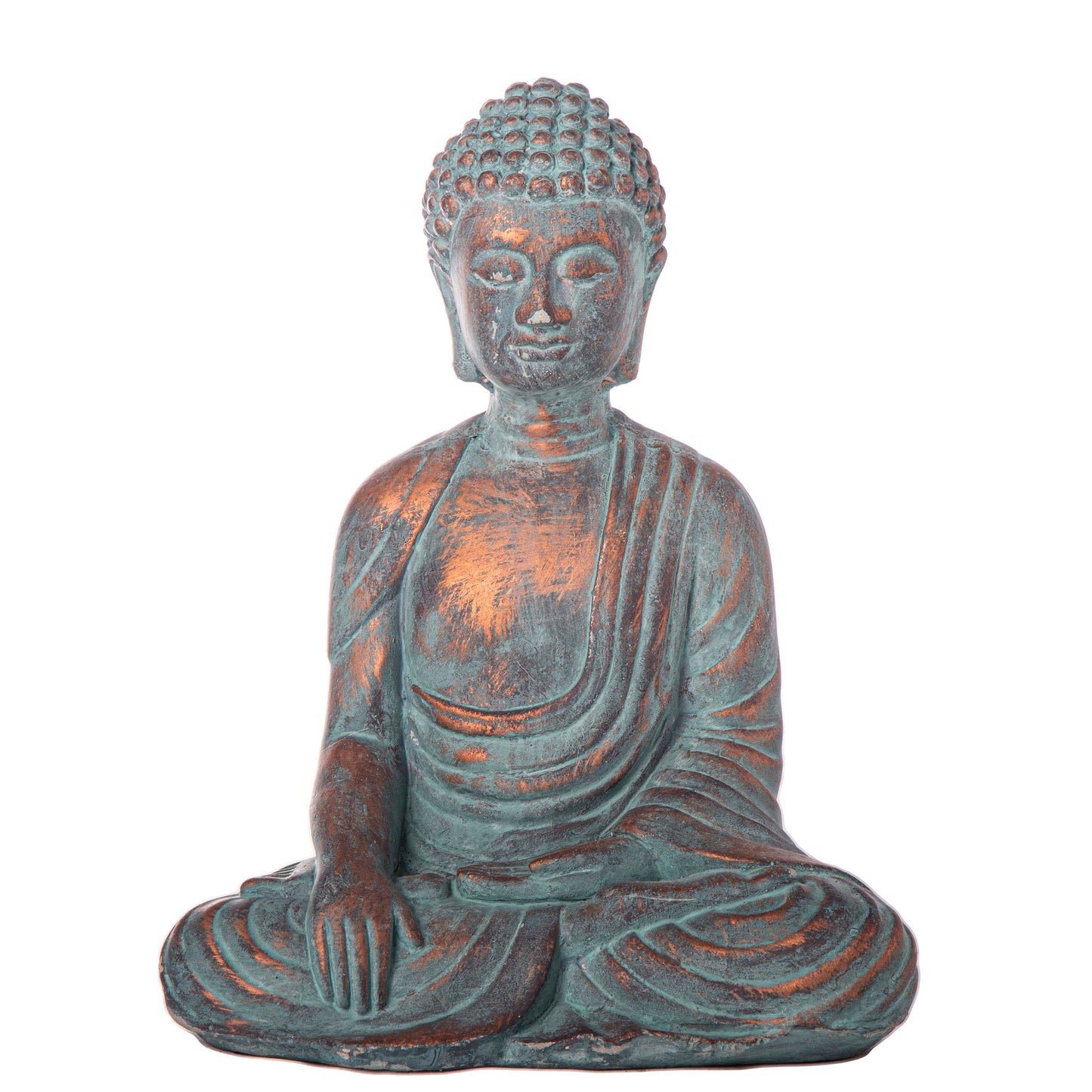 Two cement meditating Buddha figurines with a washed concrete finish, one in blue and one in gray, displayed against a brick backdrop with greenery.