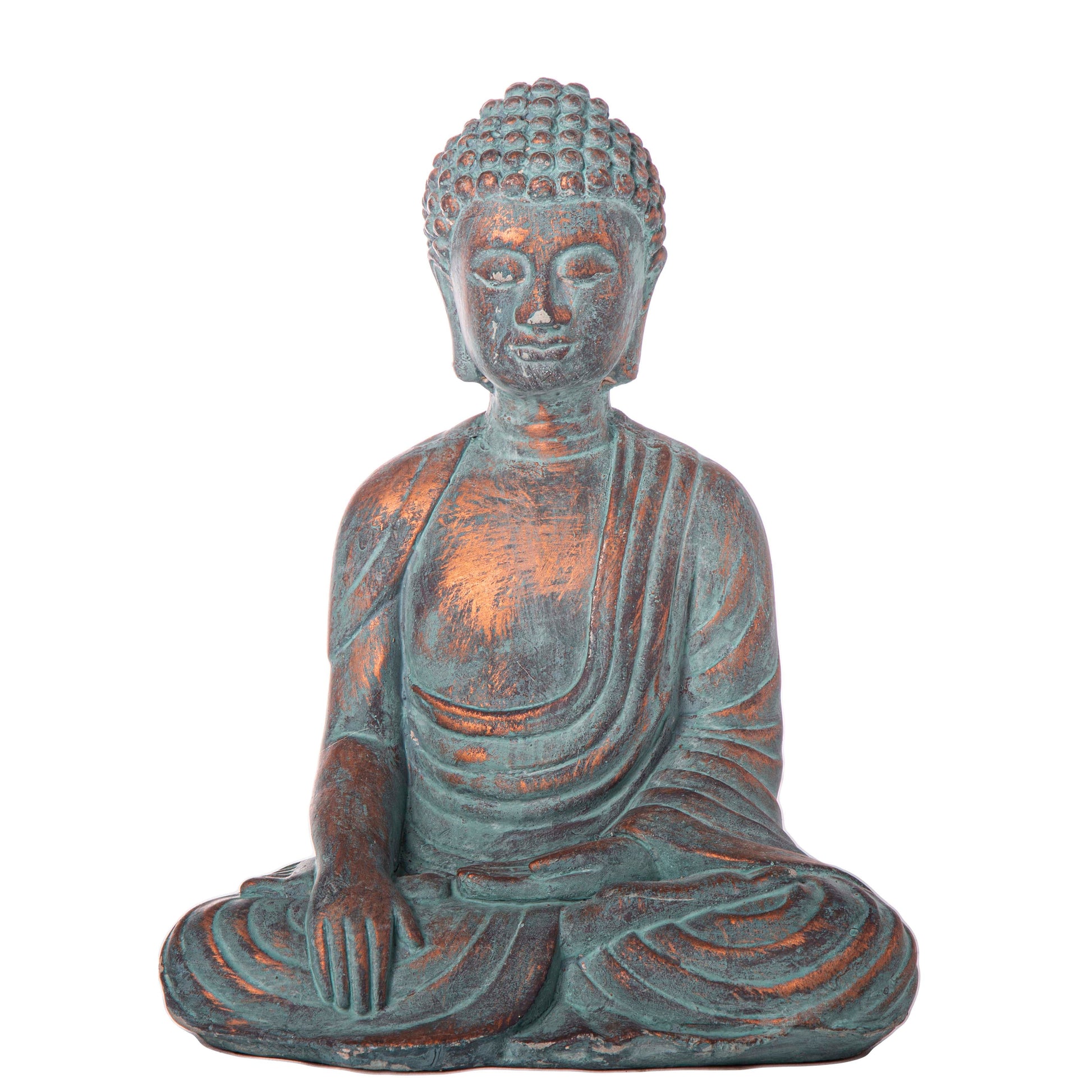 Two cement meditating Buddha figurines with a washed concrete finish, one in blue and one in gray, displayed against a brick backdrop with greenery.