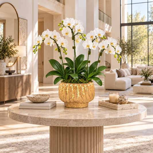 A potted white Phalaenopsis orchid arrangement in a textured gold ceramic pot, displayed on a round beige marble coffee table in a bright, modern living room.