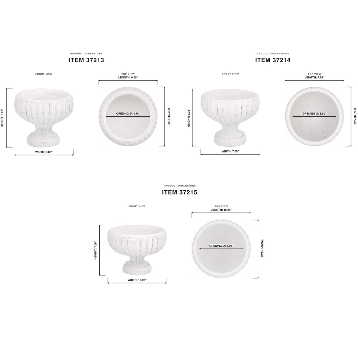 White decorative urn-shaped planter shown with dimension callouts and item numbers 37213, 37214, and 37215 on a light gray background.