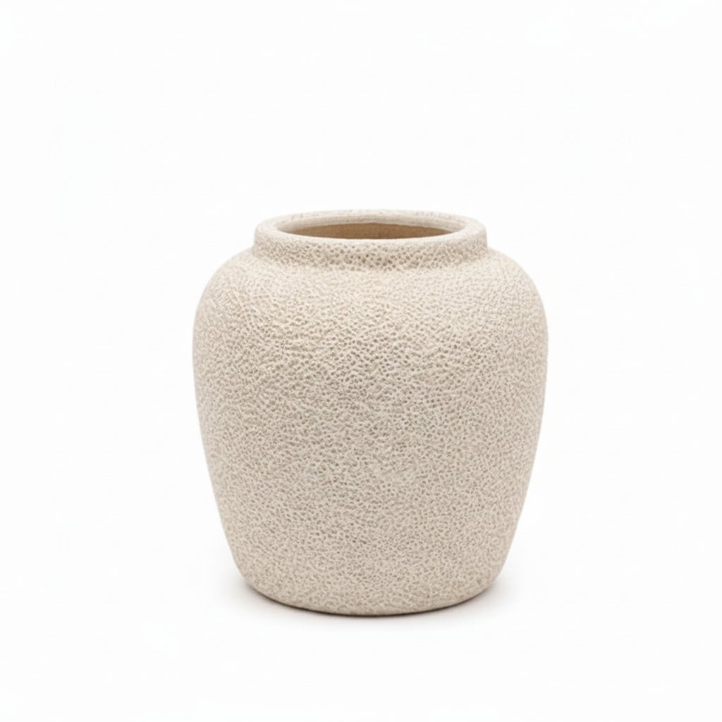 A small textured ceramic pot with a wide rim, shown on a clean white background.
