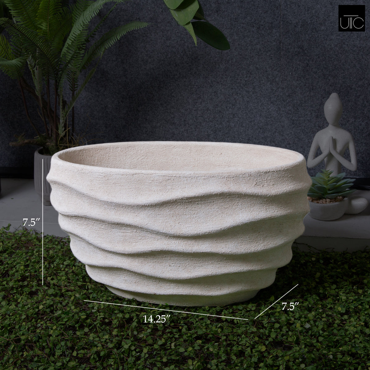 White textured planter with dimensions on a dark background