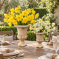 Two decorative stone planters filled with yellow and white daffodils arranged on a wooden outdoor dining table, with plates, glasses, and garden greenery in the background.