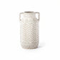 A ceramic round vase with embossed chevron pattern and side handles, in a gloss finish.