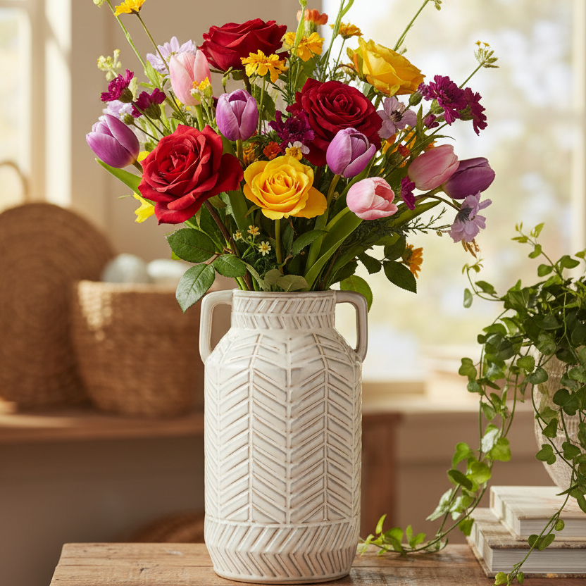A vibrant mixed flower bouquet in a cream-colored textured ceramic vase, displayed on a rustic wooden table in a warm, sunlit room.