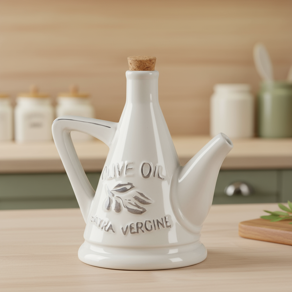 Jamaica Ceramic 24 oz. Olive Oil Pourer with Embossed Olives, Label, Cork Lid, and Handle