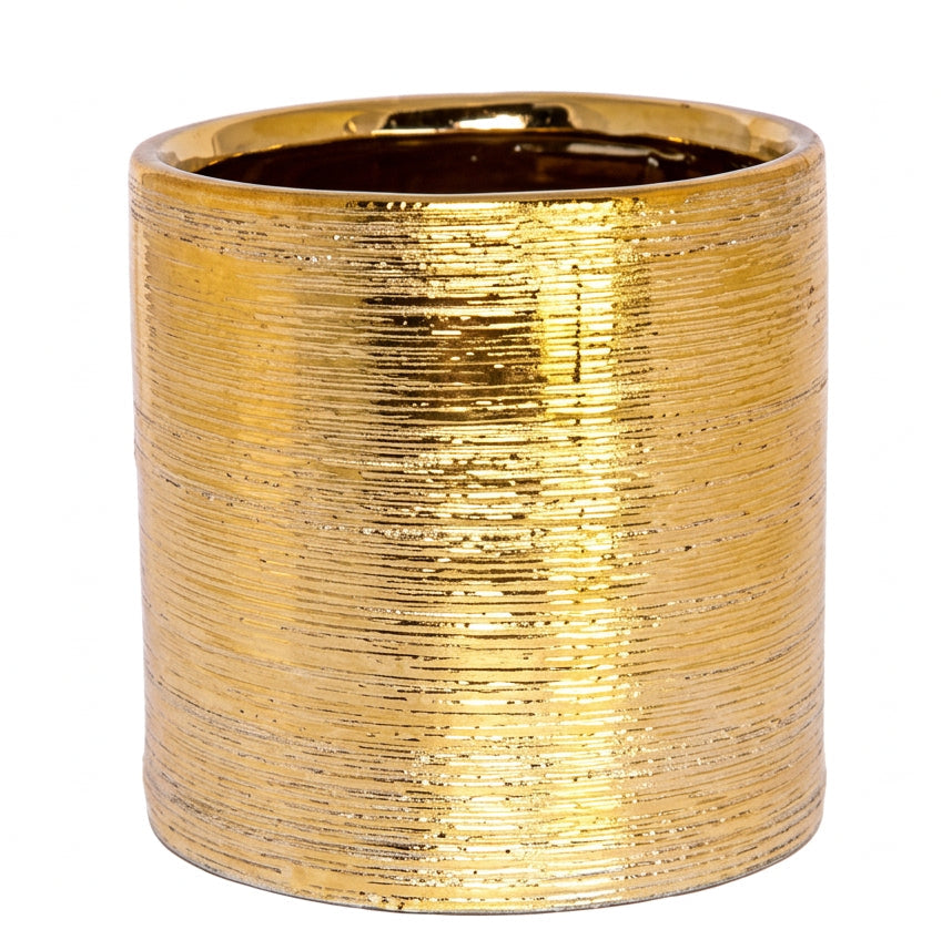 A cylindrical gold ring with a textured, brushed metallic finish, shown against a plain white background.