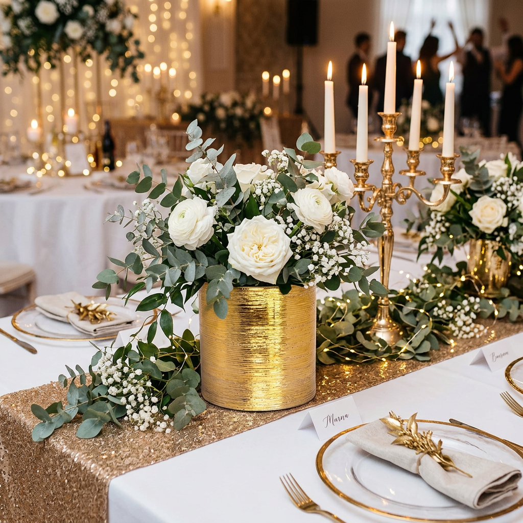 A gold cylindrical vase filled with white roses, green eucalyptus leaves, and baby's breath, set on a gold sequin table runner at a wedding reception table with gold candlesticks and white tablecloths.