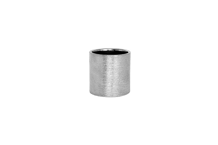 Ceramic Cylindrical Etched Style Horizontal Pattern Metallic Glaze Vase Silver