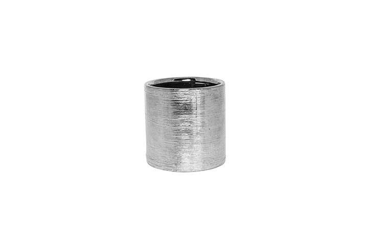 Ceramic Cylindrical Etched Style Horizontal Pattern Metallic Glaze Vase Silver