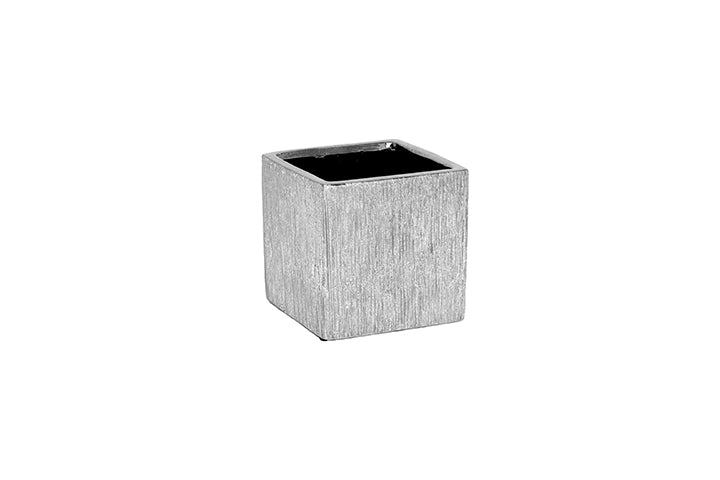 Ceramic Square Brushed Design Vertical Pattern Metallic Glaze Vase Silver