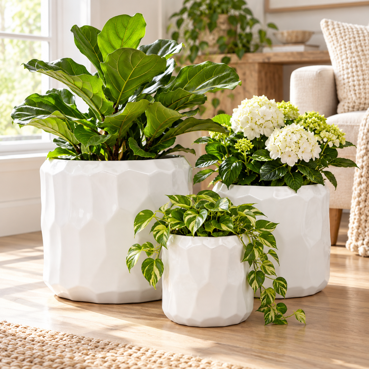 Vara Embossed White Ceramic Pot Set (Set of 3)