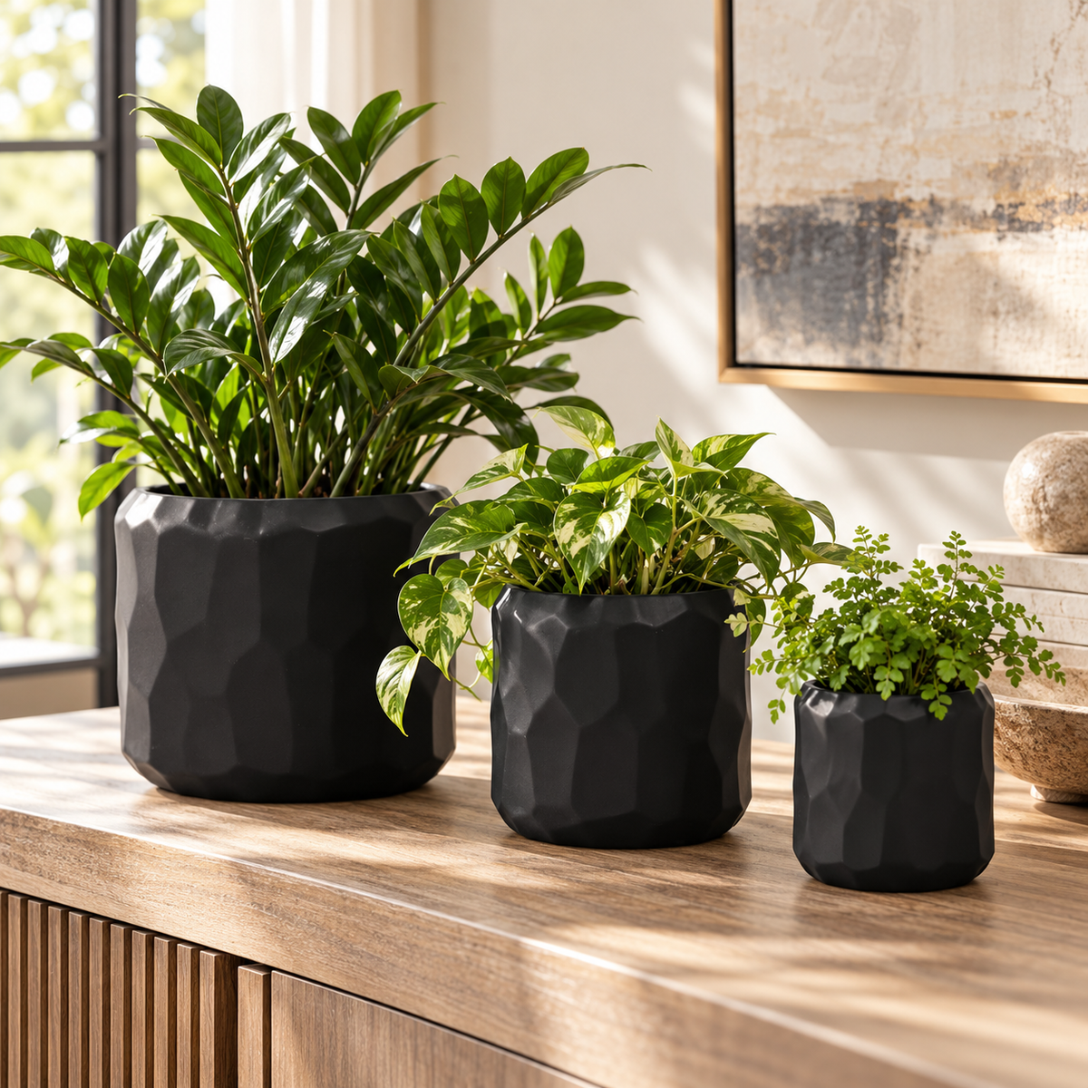 Vara Embossed White Ceramic Pot Set (Set of 3)