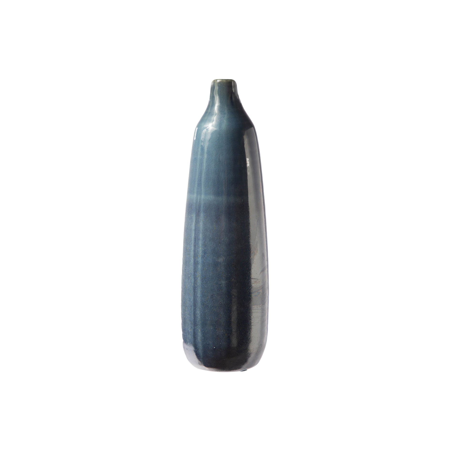 A white ceramic vase with a rough finish and a narrow mouth, short neck, and cream banded rim bottom.