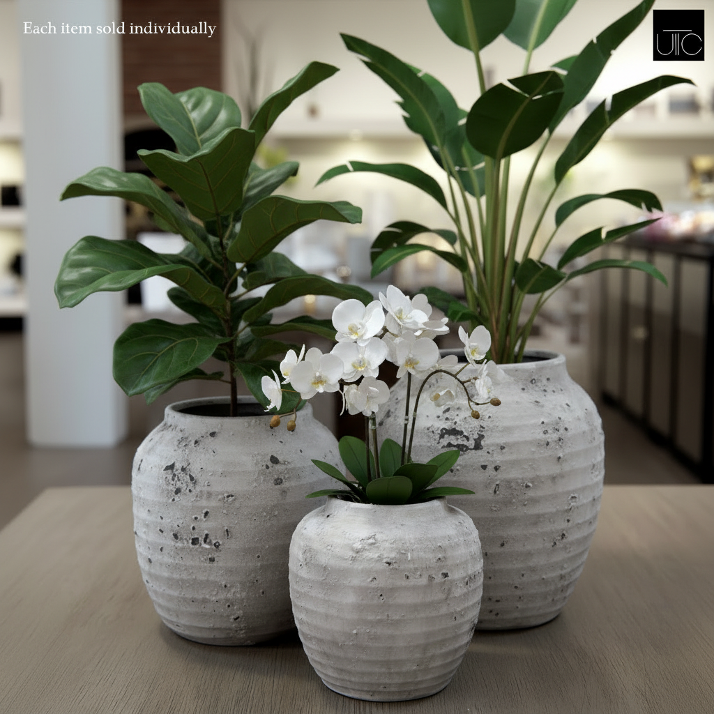 Kira Ribbed Amphora-Style Cement Planter