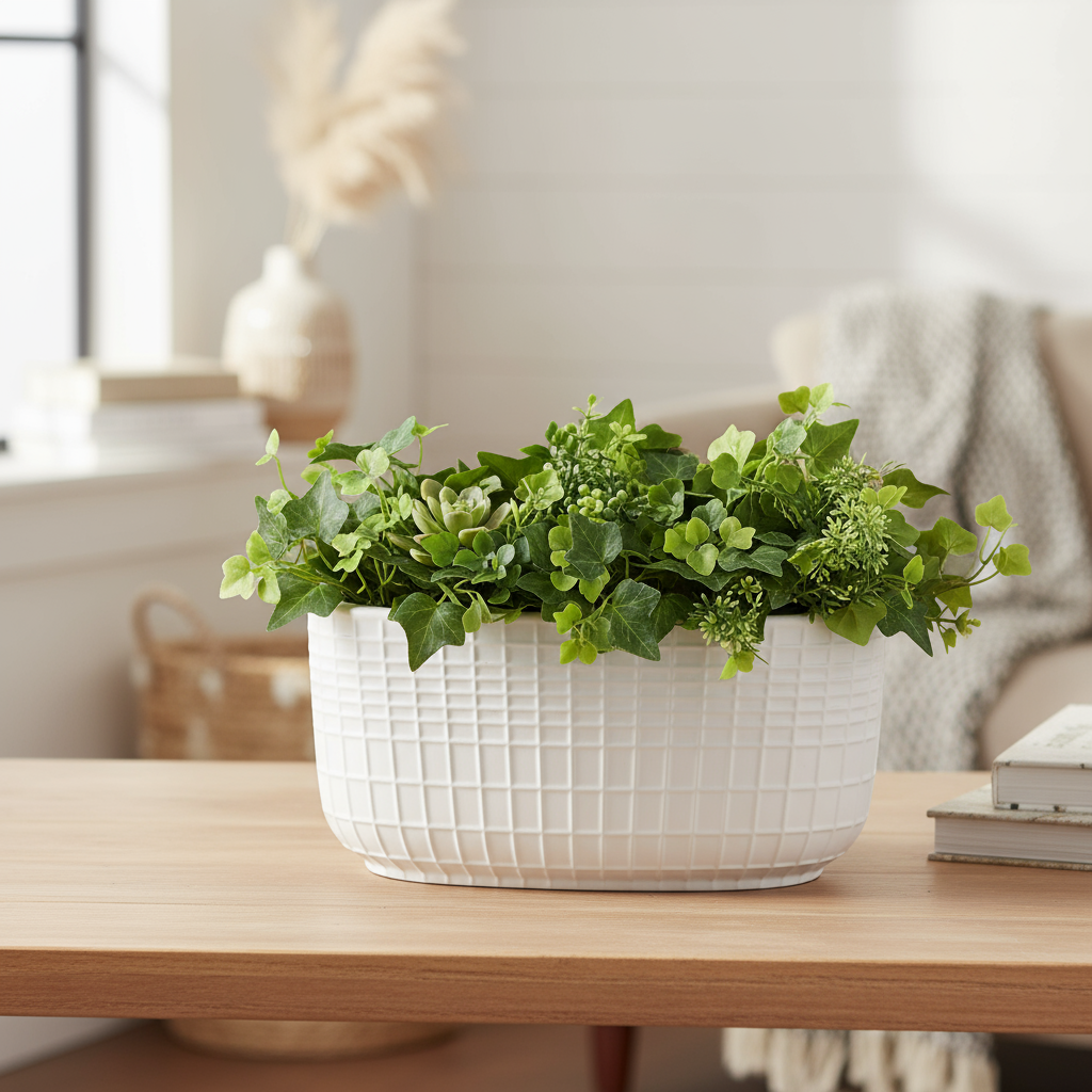 Jewel Ceramic Low Oval Pot with Embossed Lattice Design