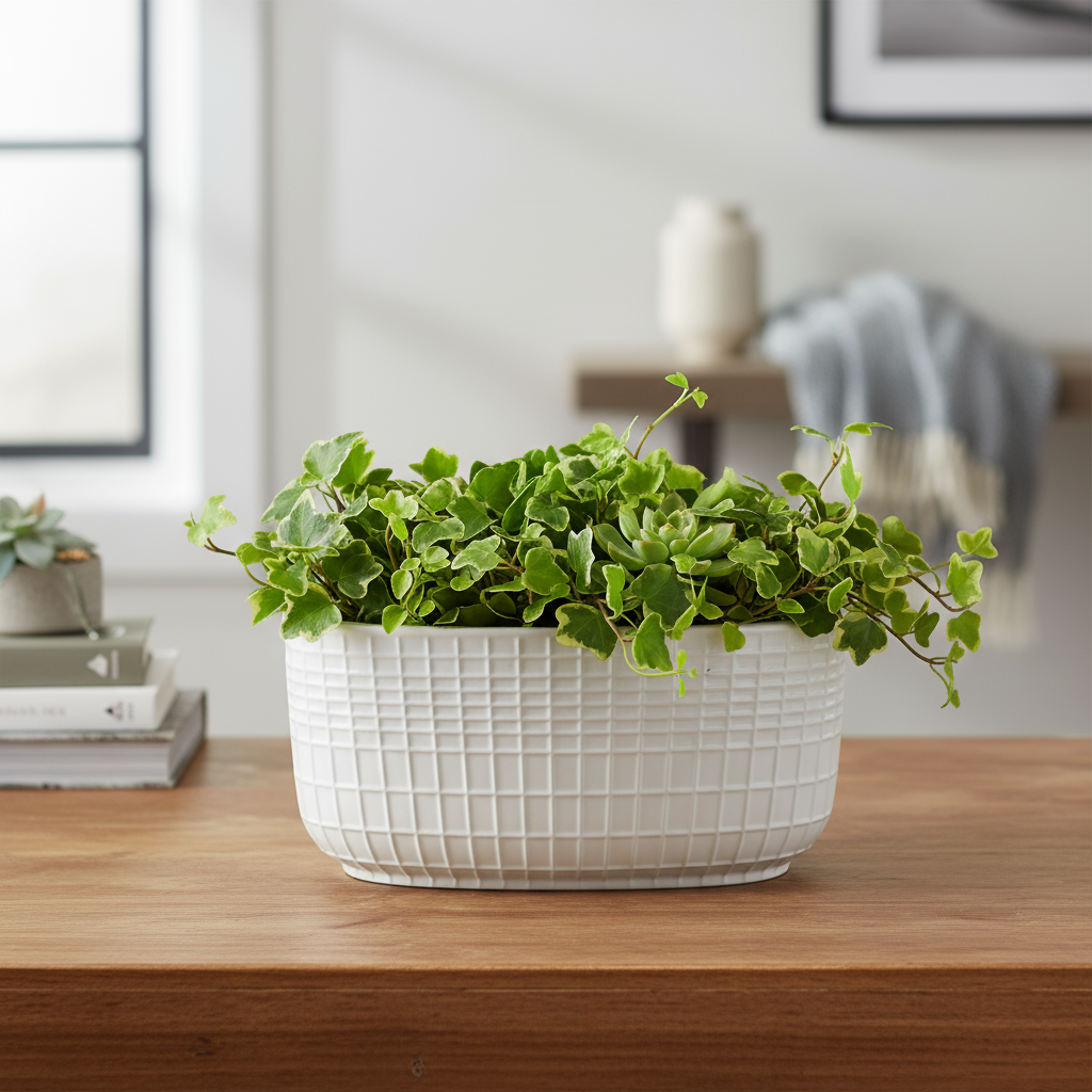 Jewel Ceramic Low Oval Pot with Embossed Lattice Design