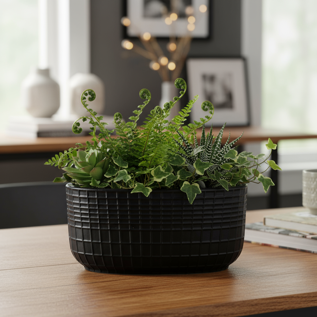 Jewel Ceramic Low Oval Pot with Embossed Lattice Design