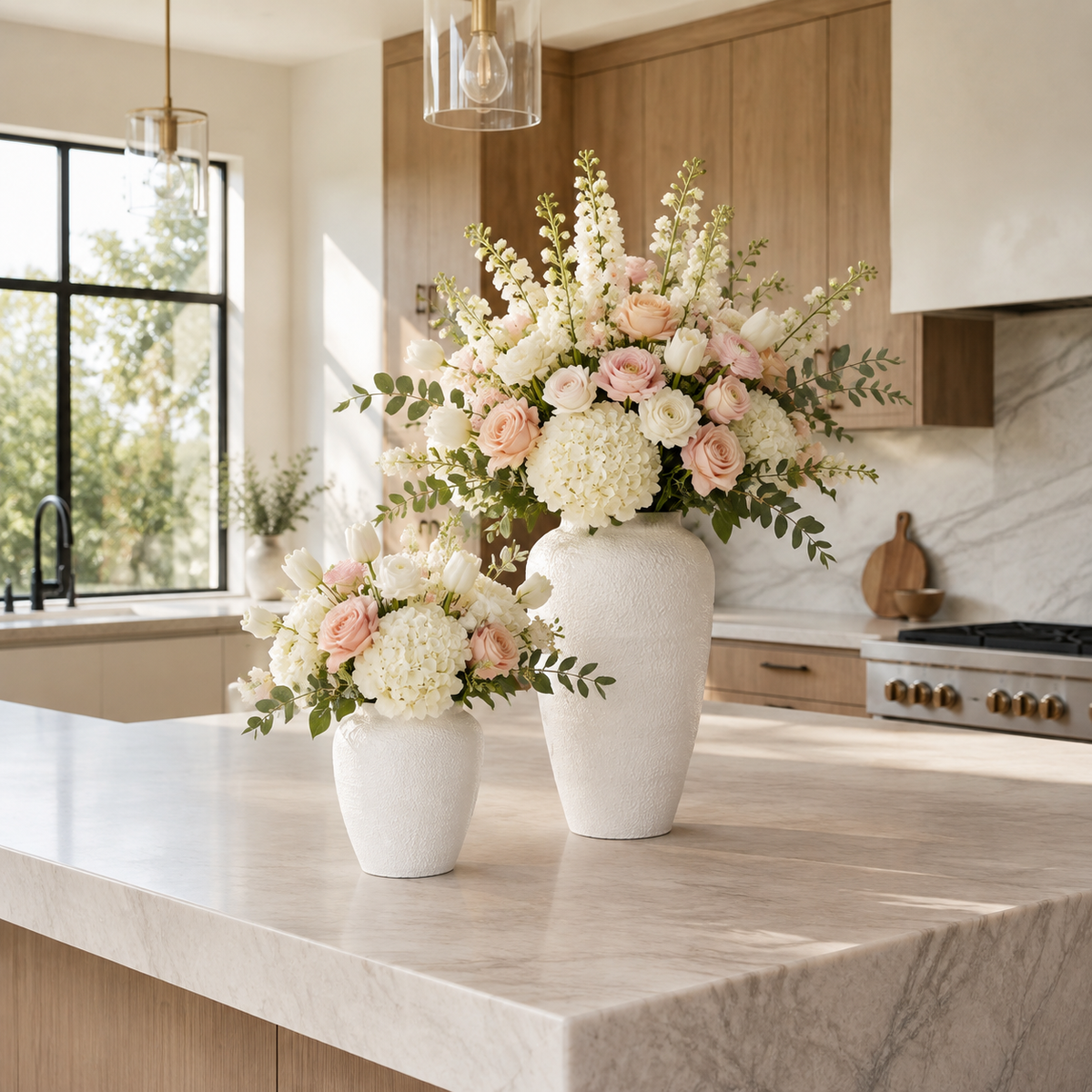 Two white textured ceramic vases filled with a large floral arrangement of white and blush pink roses, hydrangeas, and green foliage, displayed on a light marble kitchen island.