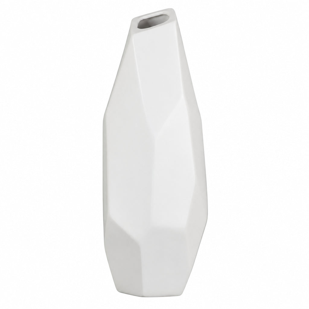A modern white ceramic vase with a faceted, geometric design and a narrow, tapered opening at the top, shown against a plain white background.