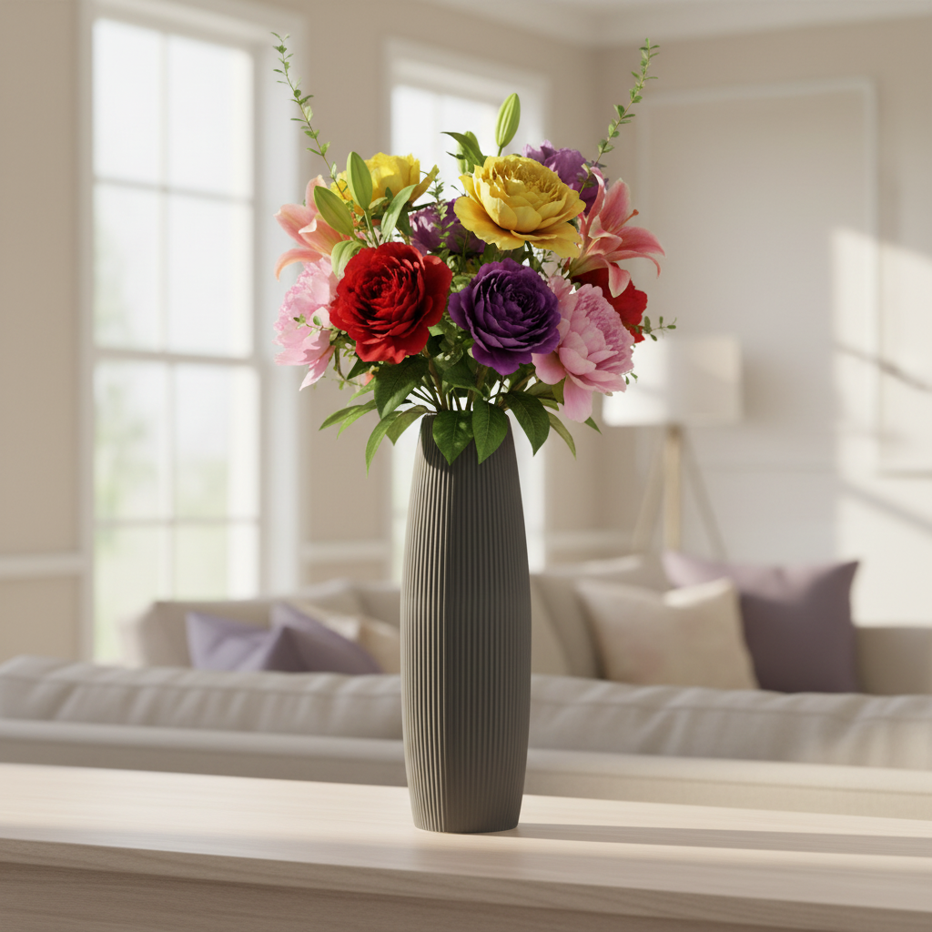 A tall ribbed gray vase holding a colorful bouquet of artificial flowers, placed on a light wood surface in a softly blurred living room setting.