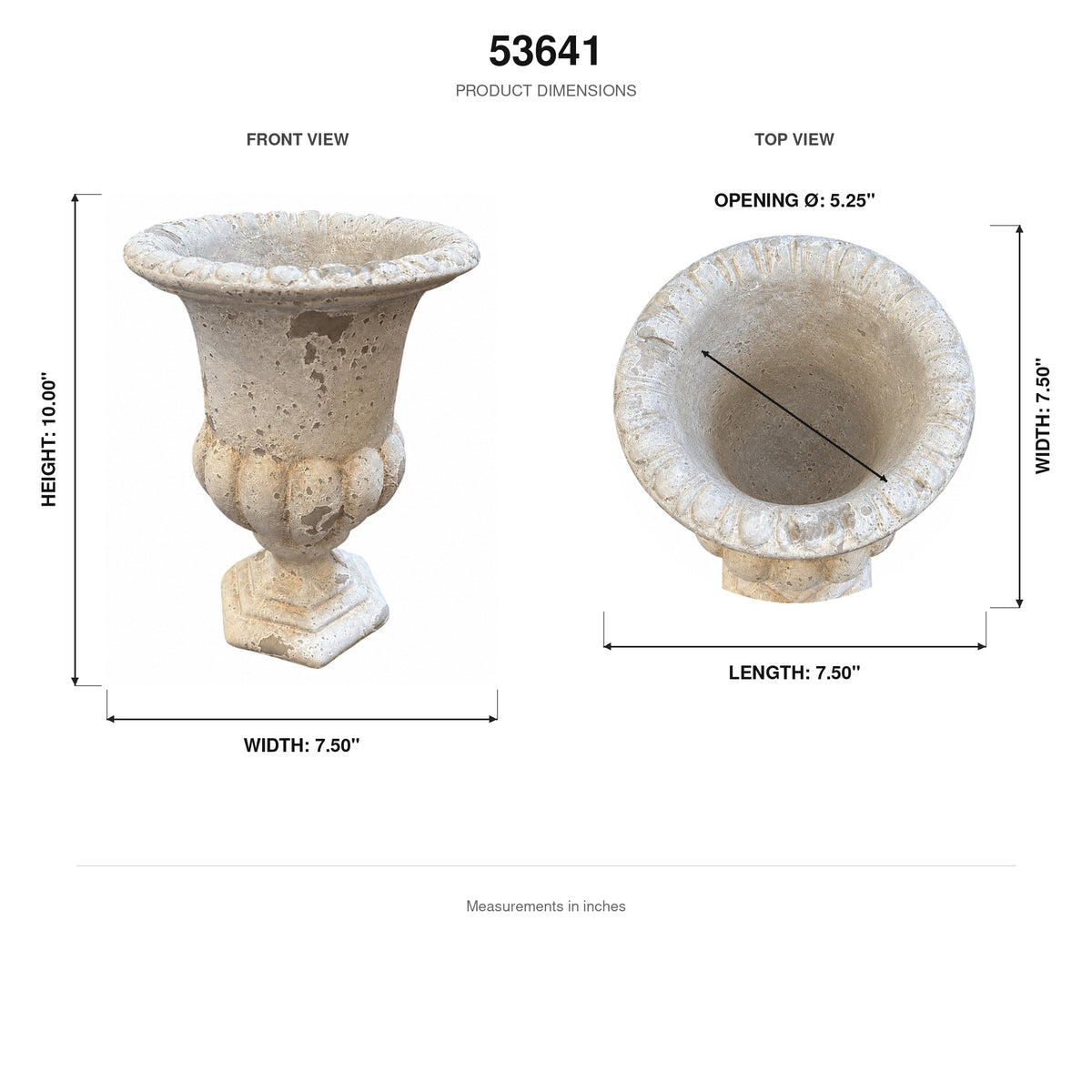 Product dimensions diagram of a stone-style urn planter shown from front and top views with measurements in inches on a white background.