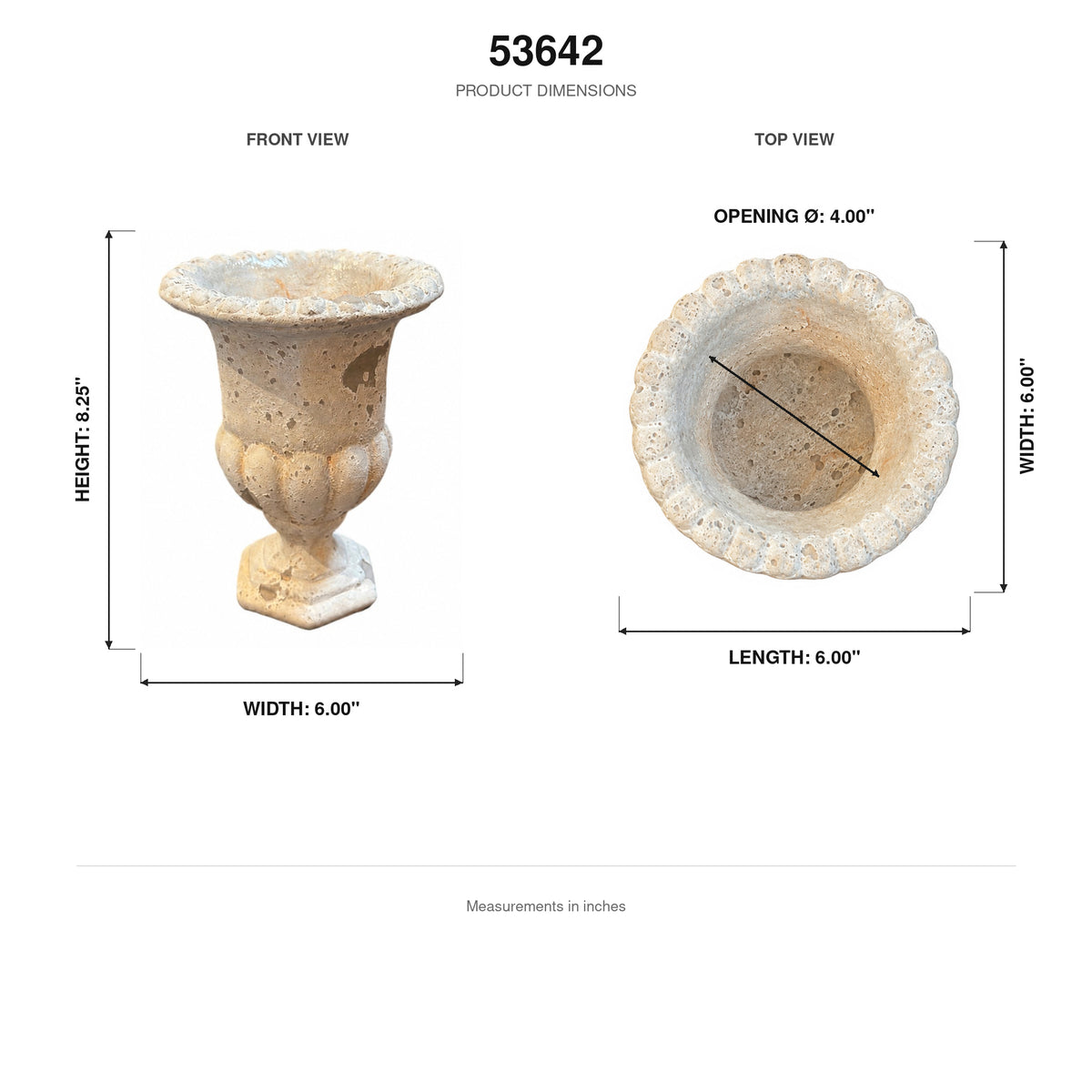 Product dimension diagram for a stone-style urn planter, showing front and top views with measurements in inches on a white background.