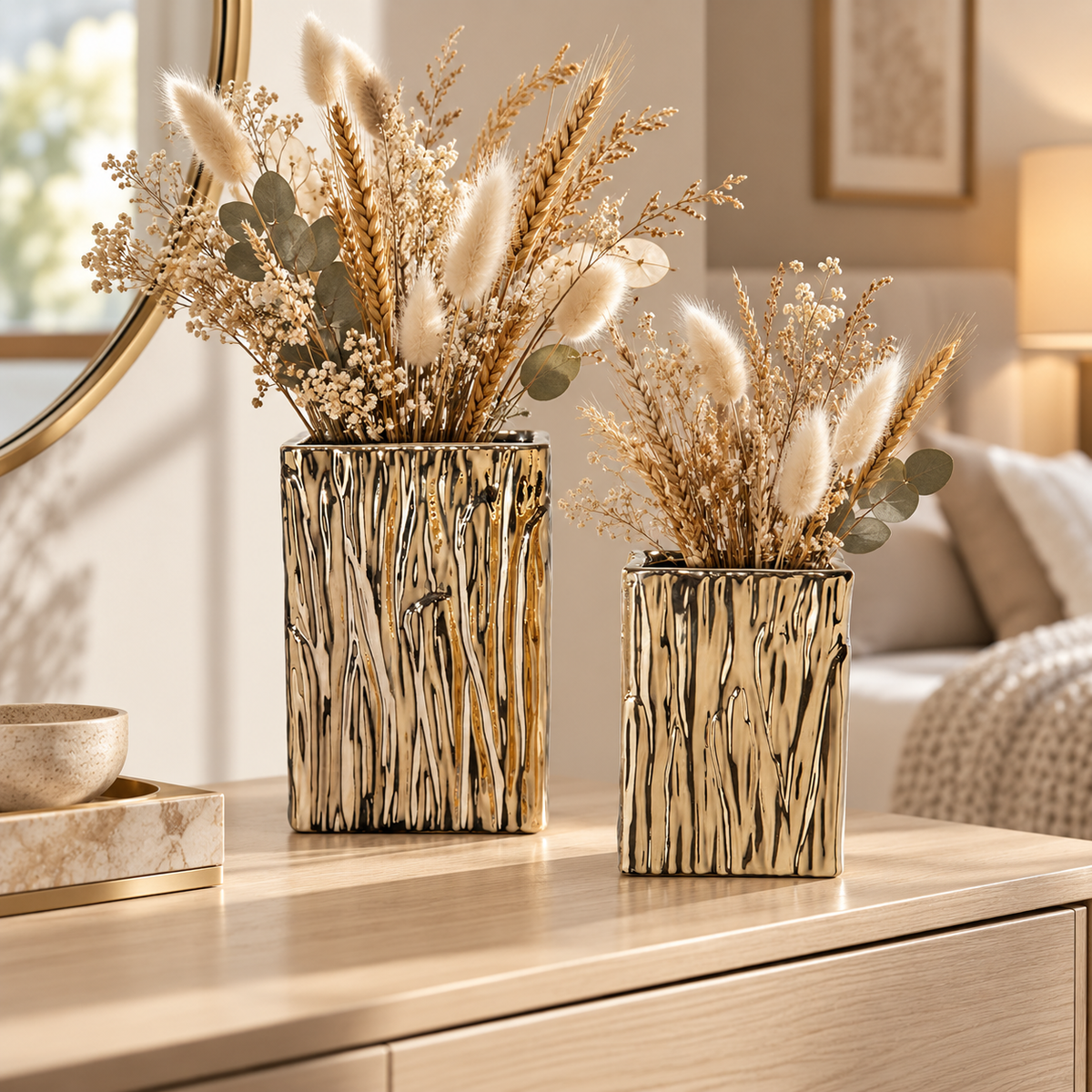 Giselle Golden Rectangular Abstract Vase (Set of 2)