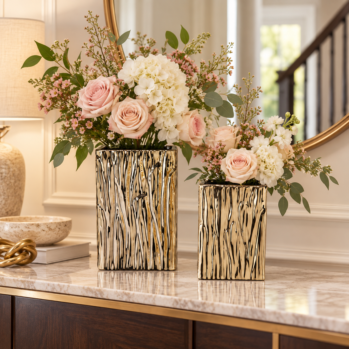 Giselle Golden Rectangular Abstract Vase (Set of 2)