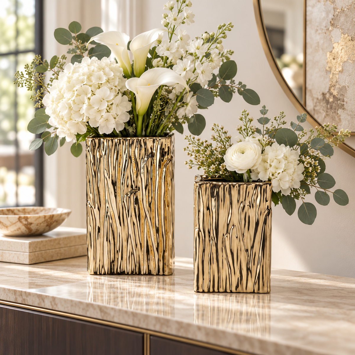 Giselle Golden Rectangular Abstract Vase (Set of 2)