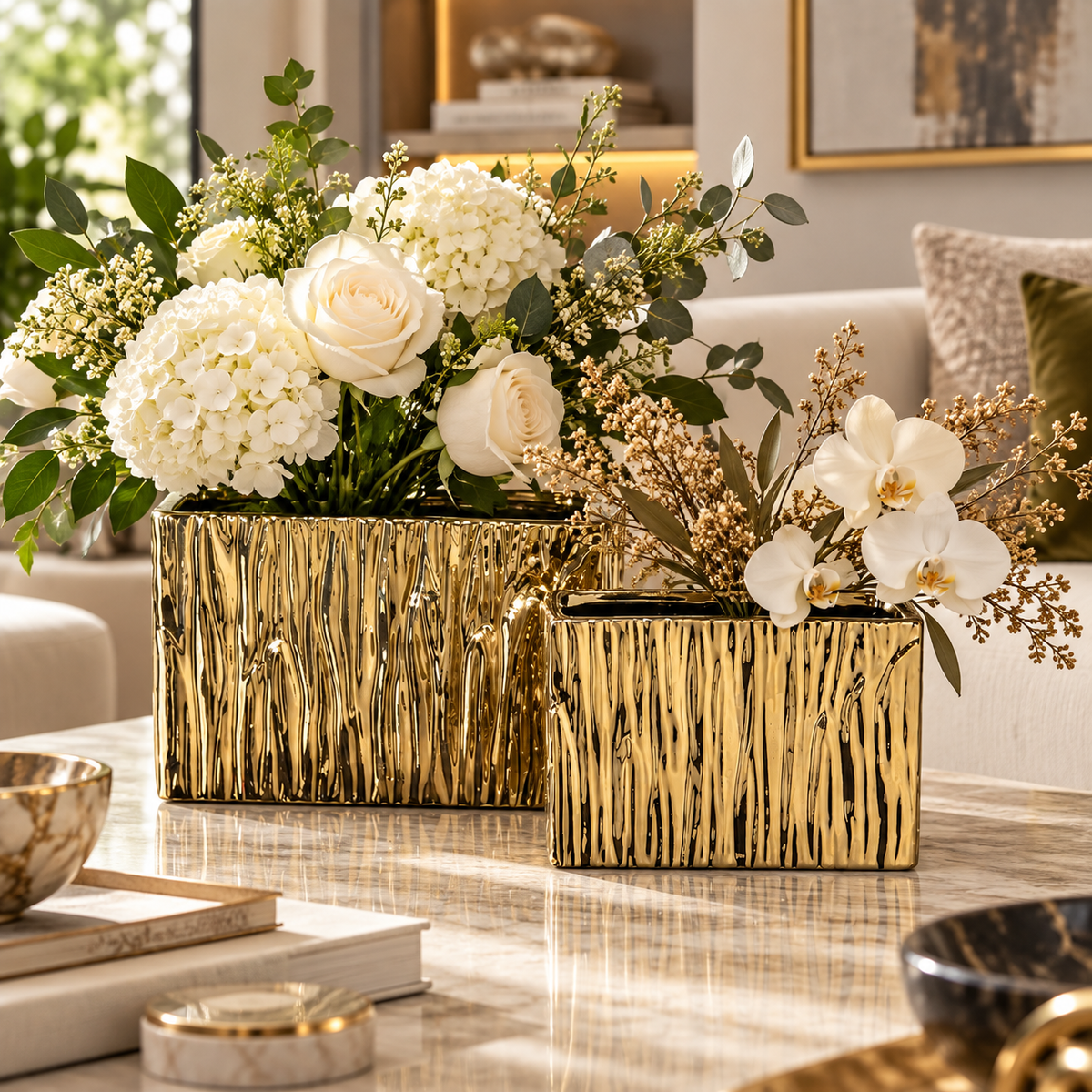 Two rectangular gold metallic vases with a textured, vertical wood-grain-like finish, filled with white and cream floral arrangements, displayed on a marble coffee table in a modern living room setting.