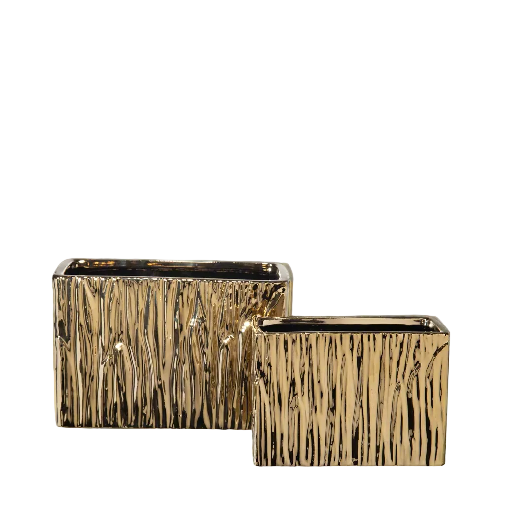 Two rectangular gold ceramic planters with a textured, bark-like vertical pattern, shown on a plain white background.