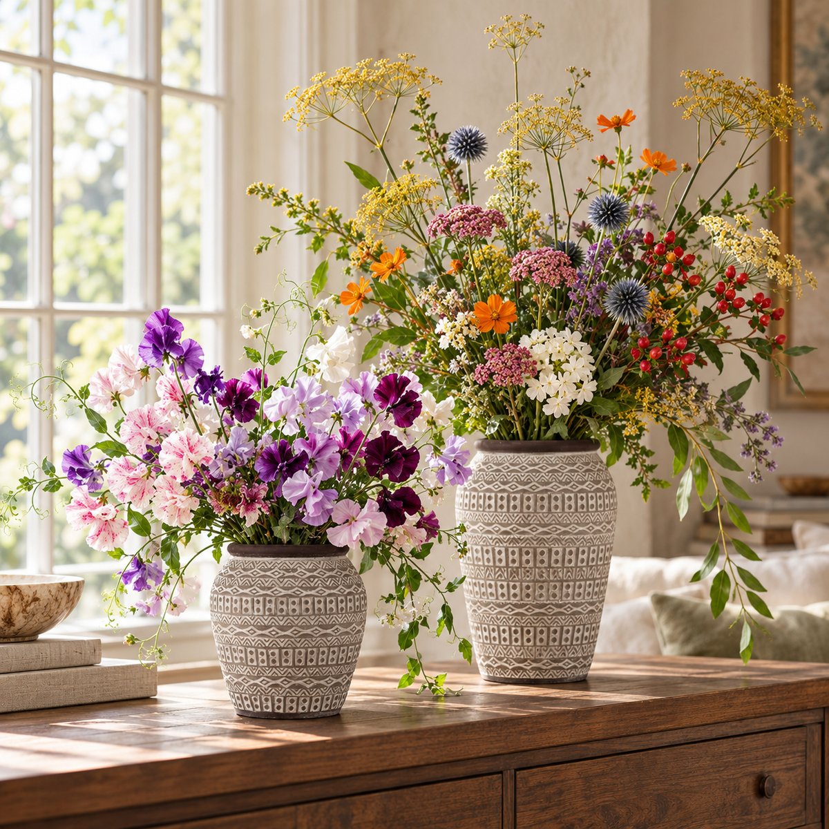 Two decorative gray patterned ceramic flower vases filled with a colorful wildflower arrangement, displayed on a wooden console table in a bright, sunlit room.