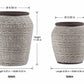 Two gray patterned ceramic planters with dark brown rims shown with dimension lines and measurements on a white background.