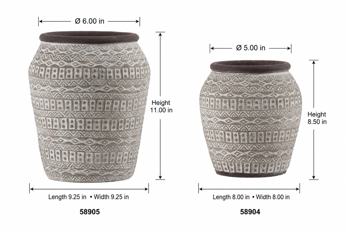 Two gray patterned ceramic planters with dark brown rims shown with dimension lines and measurements on a white background.