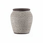 A round terracotta vase with a brown rim and tribal pattern design in a painted finish, displayed against a white background.