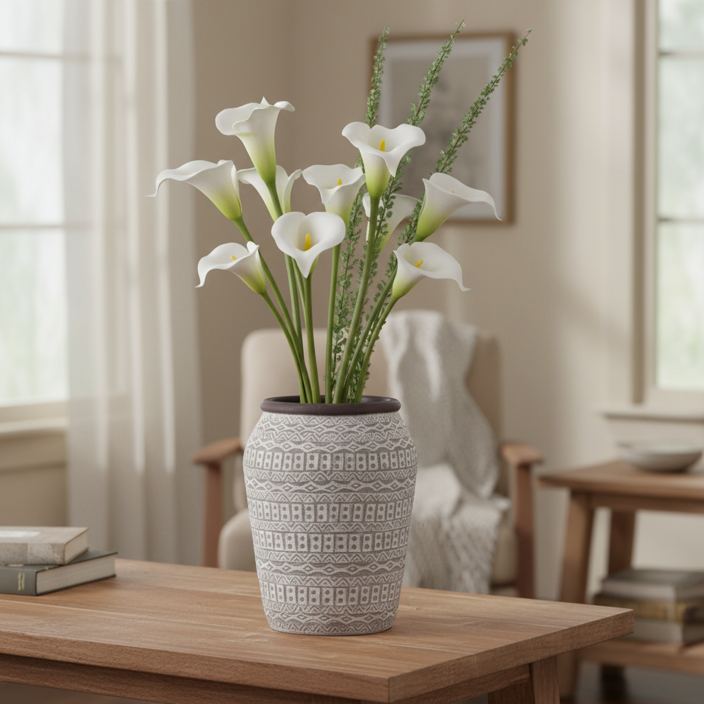 A decorative gray ceramic vase with a textured geometric pattern, filled with white calla lilies and green stems, placed on a wooden table in a softly lit living room.