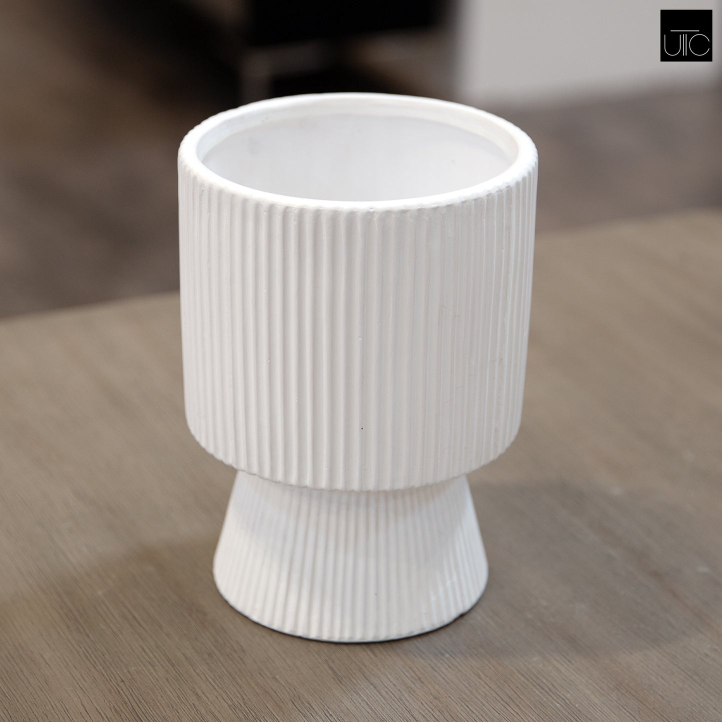 Oksana Ribbed Stoneware Vase with Tapered Pedestal Base