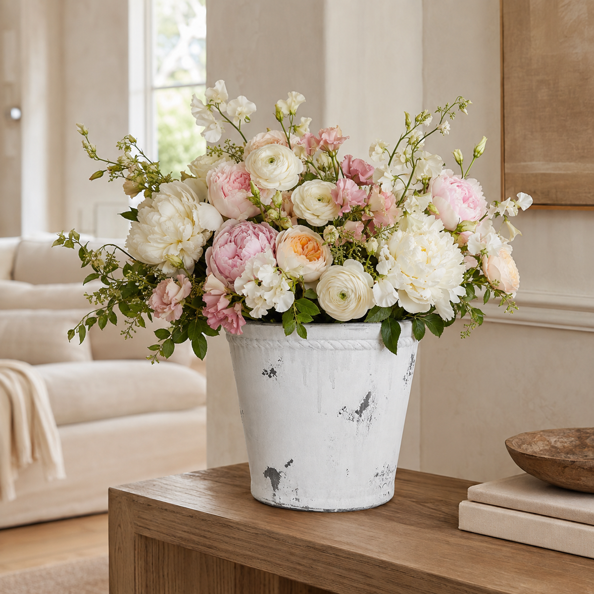 A large floral arrangement in a distressed white bucket vase, placed on a wooden table in a softly lit living room.