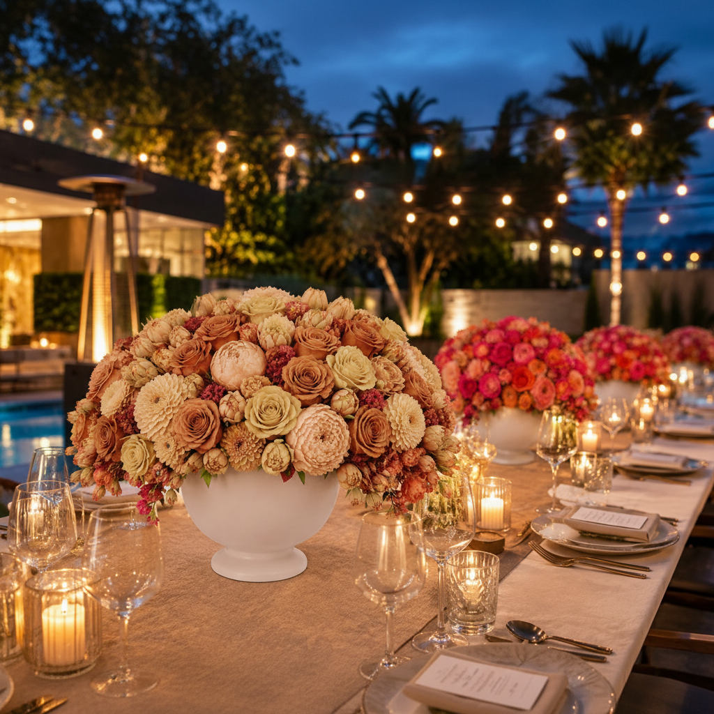 Large floral centerpieces in white urn-style vases arranged on a long outdoor dining table at dusk, with string lights, candles, plates, and wine glasses in a resort-style patio setting.