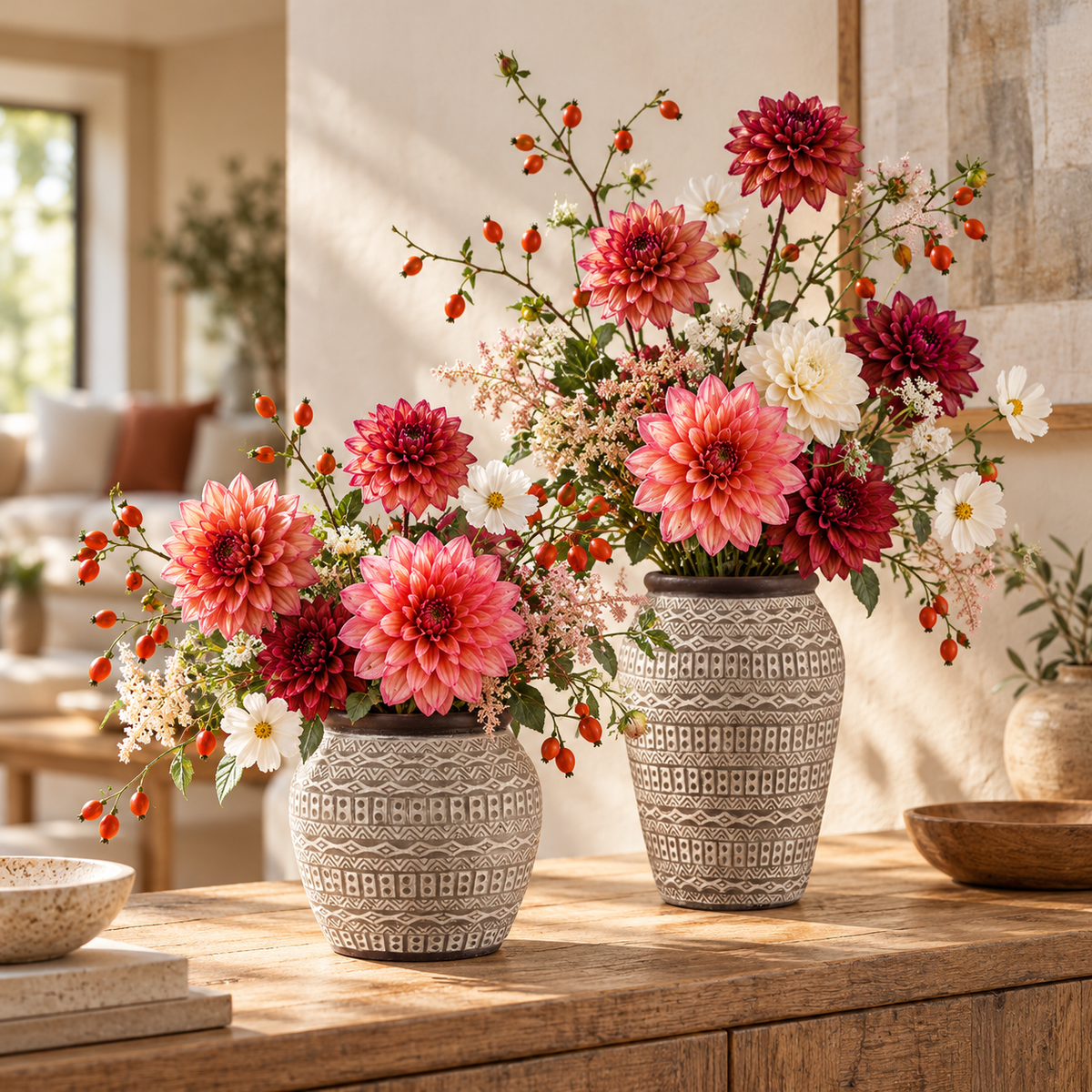 Two textured gray ceramic vases filled with a vibrant floral arrangement of pink, red, and white dahlias, displayed on a rustic wooden table in a warm, sunlit living room.