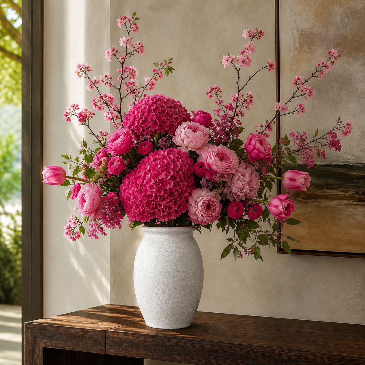 A vibrant pink floral arrangement featuring hydrangeas, roses, and cherry blossoms in a textured white ceramic vase, displayed on a dark wooden console table against a warm beige wall.