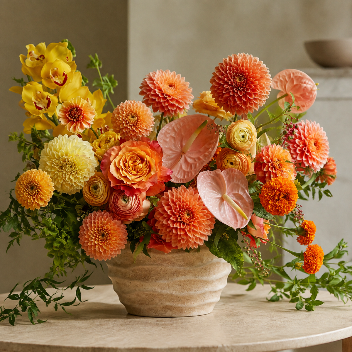 A vibrant autumnal flower arrangement featuring orange, peach, yellow, and pink blooms with green foliage, presented in a textured beige ceramic pot on a light stone table.