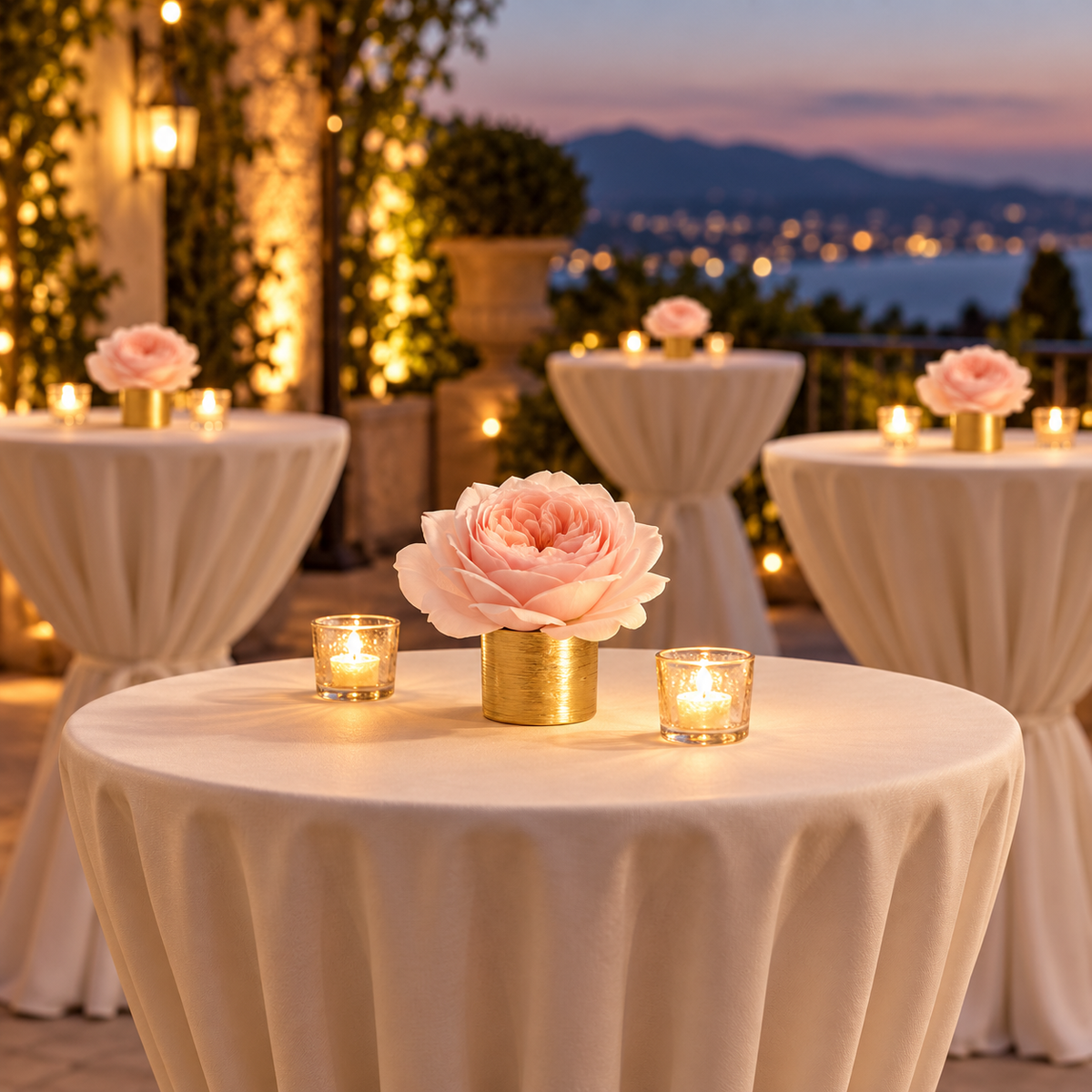 A beautifully arranged outdoor event table at dusk, featuring a round table draped in a cream tablecloth, decorated with a large pale pink rose in a gold vase and two lit tealight candle holders. In the background, similar tables are illuminated by warm string lights with a scenic lake and mountain view under a twilight sky.