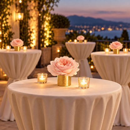 A beautifully arranged outdoor event table at dusk, featuring a round table draped in a cream tablecloth, decorated with a large pale pink rose in a gold vase and two lit tealight candle holders. In the background, similar tables are illuminated by warm string lights with a scenic lake and mountain view under a twilight sky.